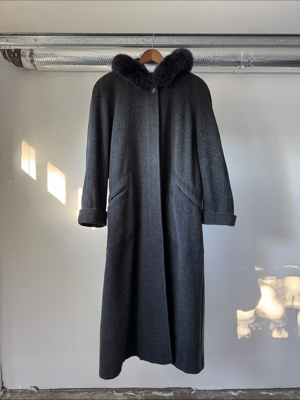 Long Black Wool Coat with Fur Trim Hood
